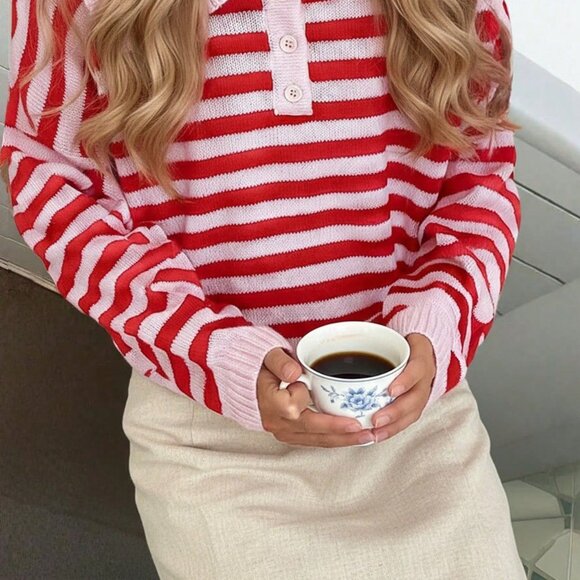 Multicolor Casual Women's Plus Size Knitted Pullover Top - Picture 4 of 6